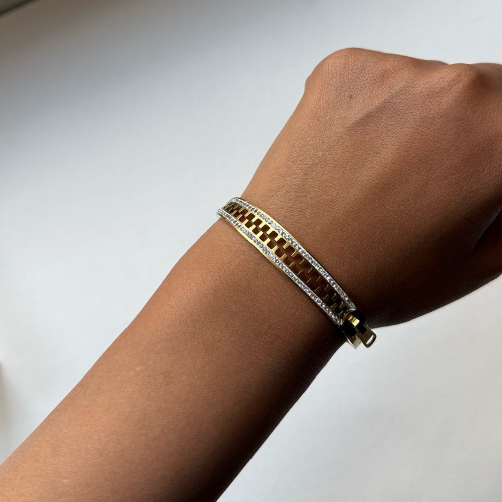 Gold Plated Stainless Steel Lock Cuff Bracelet | CZ Accent Bangle